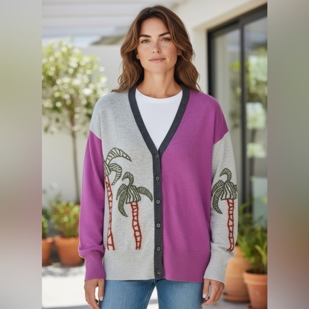 NWT Oats Cashmere Palm Tree Color Block Cardigan